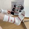 Calcetines de Cachorro Bordados a Rayas Estilo Coreano Otoño e Invierno para Mujer Doble Aguja Algodón Puro Calcetines Medianos Nicho Estilo Extranjero Ropa Exterior Calcetines Apilados
