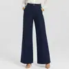 Jeans Preto Elástico com Costura Dividida para Moda Feminina Transfronteiriça, Calça Longa de Perna Larga Emagrecedora, Jeans de Cintura Alta Reto para Exportação