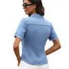Camisa de Verano con Diseño Nuevo, Lavada, de Mezclilla, Cuello Solapa, Manga Corta para Mujer, Comercio Exterior Transfronterizo Europeo y Americano, Sitio Independiente de Amazon
