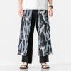 Pantalones de algodón y lino con estampado de grullas estilo chino nuevos de verano, pantalones de lino de pierna ancha estilo retro talla grande para hombre