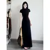Vestido Negro de Manga Corta Estilo Francés para Mujer, Estilo Otoño, Ajustado, Ceñido a la Cintura, Impresionante Vestido Largo que Resalta las Caderas