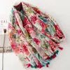 Bufanda de Borla Floral Acuarela Fresca, Estampado Romántico de Rosas, Tacto de Algodón y Lino, Chal de Viaje Protector Solar para Vacaciones
