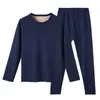 Conjunto de roupa íntima térmica masculina de lã cor de camelo para o inverno, gola redonda e gola média, regulador de temperatura, à prova de frio, adequado para usar em casa, blusa e calça de camada base