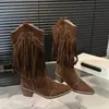 Botines vaqueros cortos retro de ante con flecos y tacón grueso hasta la pantorrilla para mujer, de nicho y a la moda, adecuados para viajar a Xinjiang, botas de jinete adelgazantes
