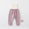 Calça de Bebê Recém-Nascido com Botão na Entreperna Sem Entreperna Calça Quente Algodão Puro para Bebês de Poucos Meses Cintura Alta Proteção da Barriga Calça Legging Infantil