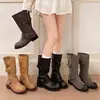 Estilo hebilla de cinturón de tubo alto plisado, caña ancha, botas versátiles de punta redonda retro europeas y americanas, botas de jinete, botas largas hasta la rodilla