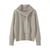 Suéter de tricô de lã pura estilo cachecol casual para mulheres, moderno e elegante, com design de gola alta e decoração de botões, caimento solto