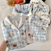 Moe Fun Cachorrinho Xadrez Estilo Ins Verão Pijama Feminino Lazer Roupa de Casa Algodão Nuvem Manga Curta Conjunto Três Peças Atacado