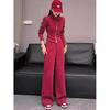 2025 Primavera Nueva Moda Rojo Chaqueta Corta con Cremallera Cuello Alto Casual Pantalón Deportivo Conjunto de Dos Piezas