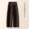 Calça pantalona feminina falsa de duas peças, emagrecedora, com barra de babados, estilo outono, estilosa, cintura alta, casual, corte curvo, calça de alfaiataria estilo balão