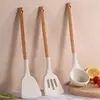 Arroz Silicone Branco Utensílios de Cozinha Cozinha Antiaderente Panela Ferramentas de Cozinha Espátula de Mexer Espátula de Fritar Anti-escaldante Cabo de Madeira Espátula de Silicone Concha de Sopa