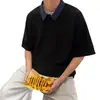 Camiseta de Manga Curta Masculina Verão Tendência Americana Splicing Gola Polo Solta Casual Manga Meia para Homens