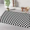 Alfombra de terciopelo de cristal con estampado a cuadros en blanco y negro, lavable, para sala de estar, dormitorio y balcón