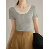 Camiseta de Algodão Fina com Clavícula Exposta, Gola Redonda Grande, Mangas Curtas, Top Listrado para Mulheres, Estilo Primavera/Verão, Armazém Japonês, Disponível para Atacado