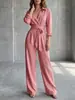 Macacão casual de moda novo, estilo europeu e americano, cor sólida, gola V, manga longa, perna larga, solto, feminino, 2026, transfronteiriço