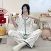 Algodón de Nube Verano Nuevo Cárdigan Solapa Manga Corta Pantalones Chica de Dibujos Animados Dulce Hogar Atuendo traje Pijama