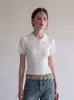 Camiseta curta estilo francês para mulheres petite, com ombros retos, mangas curtas, top de malha verde de verão com gola polo, top justo doce e ousado
