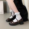 Francês dedo do pé redondo salto grosso Mary Jane feminino 2024 inverno novo arco amor fivela de metal Coringa pequenos sapatos de couro
