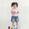 Conjuntos Casuais de Verão para Meninas, Conjuntos de Verão com Borboletas de Manga Curta Novo Estilo para Crianças Pequenas e Médias, Shorts Jeans com Laço Atacado