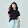 Camiseta de mujer de algodón puro, agradable para la piel y elegante, nueva y cómoda, de corte holgado, cuello redondo, manga corta, color liso