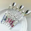 Cuchara y tenedor florales de fruta con mango de cerámica creativa, cuchara de postre de acero inoxidable 410, cuchara para remover café, cuchara y tenedor para el té de la tarde