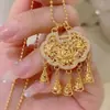 Pingente de Lótus Dourado com Borla de Fechadura Concêntrica Rica e Auspiciosa com Pontos de Diamante Antigos, Requintado e Lindo, para Namorada e Esposa