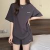 Traje de Letra Bordada Waffle para Mujer Verano Estudiante Deportes Moda Suelto Manga Corta Shorts Conjunto Pequeño de Dos Piezas