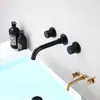 Directo del fabricante: grifo para lavabo oculto, dorado cepillado electrochapado, montado en la pared, empotrado, de doble manija, doble control, grifo para lavabo de encimera