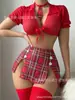 Amazon Transfronteiriço Novo Estilo Lingerie Sexy Pijama Feminino de Verão Uniforme Sexy Saia Curta Xadrez com Fenda Conjunto Fino