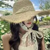 Sombrero de Paja Tejido con Cordones de Encaje para Mujer, Sombrero de Verano para Viaje con Ala Ancha, Sombrero de Protección Solar, Sombrero de Playa con Protección UV