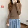 Blusa de punto de manga larga ajustada de color liso con cuello redondo, estilo coreano, para otoño e invierno, al por mayor para mujer, adecuada como prenda exterior y para mantenerse abrigada