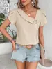 Amazon Tiktok Temu Roupas Femininas Europeias e Americanas Verão 2026 Novo Estilo Gola Diagonal Pequena Cor Sólida Algodão Lavado Top para Mulheres