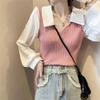 Camisa Feminina de Outono 2025 da Fábrica, Gola Francesa, Manga Longa, com Base de Tricô Falsa de Duas Peças