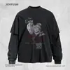 Camiseta de manga larga para hombre con estampado de corazón, con un diseño de dos piezas falso, adecuada para primavera y otoño, de corte holgado, estilo moderno y efecto de lavado vintage, y cuello redondo