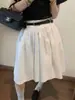 Saia Branca Estilo Academia Linha A para Mulheres, Nova Saia Evasê Elegante de Cintura Alta para Verão, Saia Midi Bufante com Cintura Elástica para Baixinhas