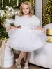 Vestido de Princesa Navideño Blanco Malla Flor Lentejuela Vestido para Niños Pequeños y Medianos Vestido de Niña de Un Año Femenino Venta al por Mayor Transfronteriza