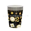Fiesta de Nuevo Modelo Transfronteriza 2027 Año Nuevo Fondo Negro Chapado en Oro Suministros de Decoración para Fiesta Servilletas de Papel Mantel Vajilla Set de Arreglo