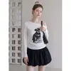 Camiseta blanca de manga larga con hombros descubiertos, diseño de otoño para mujer, con cintura fruncida y top interior.