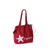 Bolsa de Ombro com Bolinhas Estilo Coreano com Bordado Floral, Fechamento por Cordão, Leve, Casual, Bolsa Tote Versátil de Nylon