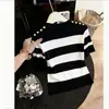 Top de Malha Tencel com Listras Pretas e Brancas de Manga Média para Mulheres, Slim Fit com Gola Alta Meio, Quente e Popular para o Verão de 2026