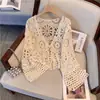 Cárdigan de Encaje Hueco con Cordones de Punto para Mujer Verano Nuevo Bohemio Vacaciones Manga Larga Chal Top AL202
