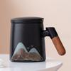 Taza de oficina de cerámica con asa de madera Yuanshan, taza de café esmerilada con tapa, taza de té, regalo creativo, logotipo impreso