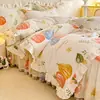 Juego de falda de cama de cuatro piezas 100% algodón con encaje y estampados florales, estilo princesa, para camas individuales y dobles, funda nórdica 1.8m juego estilo falda de cama de algodón puro