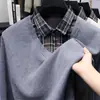 Camiseta de una pieza de forro polar con diseño falso de dos piezas para hombre, con forro de forro polar y engrosada para otoño e invierno, camiseta base para personas de mediana edad y mayores, tejido de punto, camiseta de papá