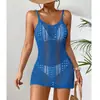 Vestido corto de punto europeo y americano transfronterizo con textura hueca de perspectiva, tirantes finos, sexy, vestido de punto para la playa