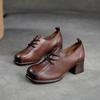 Zapatos de una capa de tacón alto pequeño retro nuevos de primavera y otoño de Shanghai Jie shu Puntera redonda cómodos casuales capa superior piel de vaca con cordones frontales zapatos de mujer