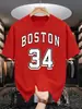 Boston 34 Estampa de Letras Artísticas Camiseta Vintage Masculina Casual Solta Moda Algodão Verão Unissex