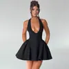 Vestido de Verano Sexy Estilo Chica Picante Europea y Americana, Cuello Halter, Escote en V Profundo, Cintura Ceñida, Dobladillo Acampanado, Corte Ajustado, Falda Acampanada, Espalda Descubierta, Adelgazante, Línea A