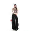Jeans Feminino Versátil da Moda Novo Retrô Americano Azul Denim Denim Cru Calças Largas de Barra a Barra Soltas