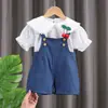 Traje Coreano Transpirable de Manga Corta para Bebé 2025 Verano Conjunto de Dos Piezas con Estampado Completo de Flores Pequeñas para Niña